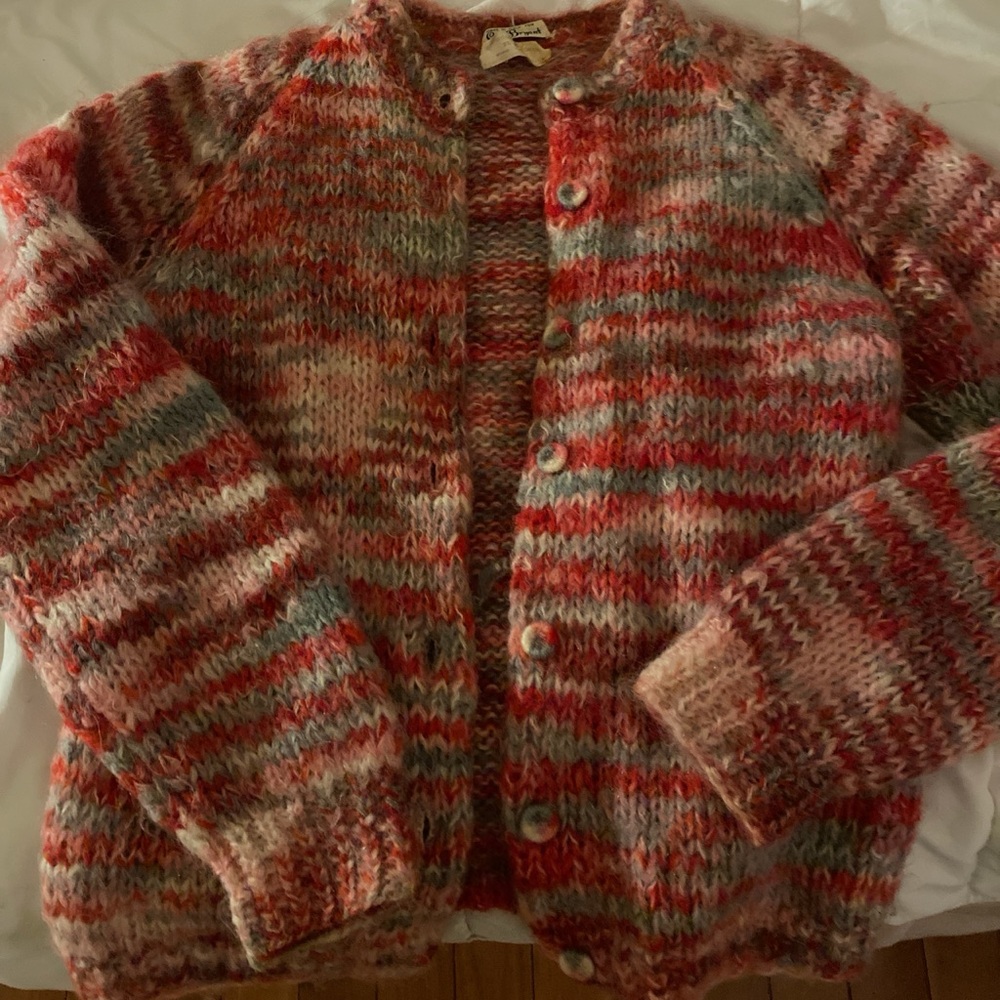 Vintage Multicolor Fuzzy Striped Cardigan - Coral, Pink, Cream, Gray - Picture 1 of 4